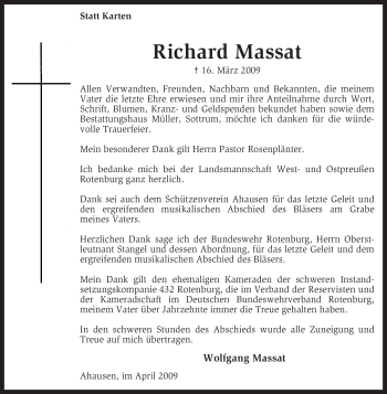 Traueranzeige von Richard Massat von KREISZEITUNG SYKE