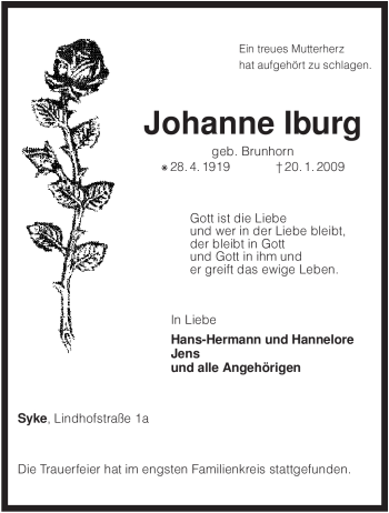 Traueranzeige von Johanne Iburg von KREISZEITUNG SYKE