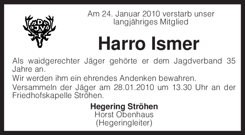  Traueranzeige für Harro Ismer vom 27.01.2010 aus KREISZEITUNG SYKE