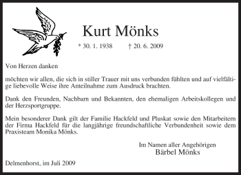 Traueranzeige von Kurt Mönks von KREISZEITUNG SYKE