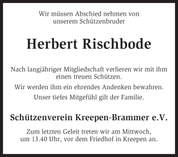 Traueranzeige von Herbert Rischbode von KREISZEITUNG SYKE