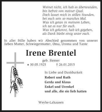 Traueranzeige von Irene Brentel von KRZ