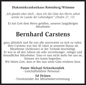 Traueranzeige von Bernhard Carstens von KREISZEITUNG SYKE
