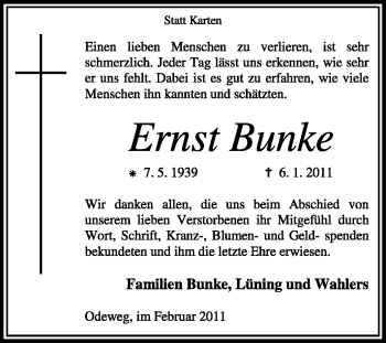 Traueranzeige von Ernst Bunke von KREISZEITUNG SYKE