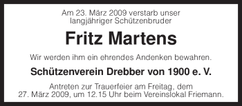 Traueranzeige von Fritz Martens von KREISZEITUNG SYKE