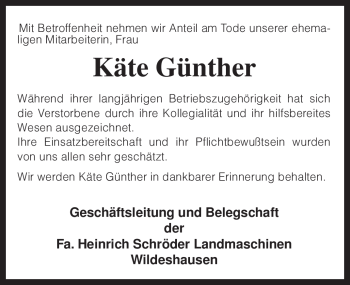 Traueranzeige von Käte Günther von KREISZEITUNG SYKE