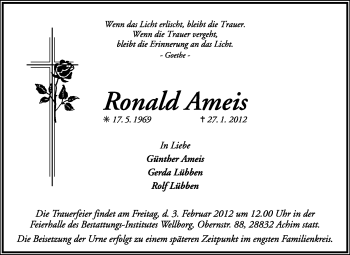 Traueranzeige von Ronald Ameis von KREISZEITUNG SYKE