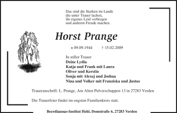 Traueranzeige von Horst Prange von KREISZEITUNG SYKE