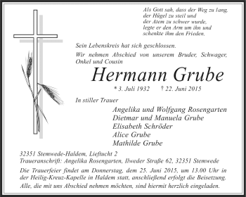 Traueranzeige von Hermann Grube von KRZ