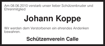 Traueranzeige von Johann Koppe von KREISZEITUNG SYKE