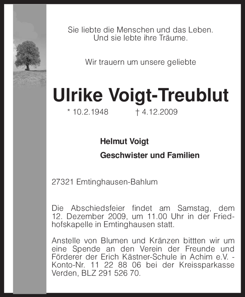  Traueranzeige für Ulrike Voigt-Treublut vom 08.12.2009 aus KREISZEITUNG SYKE