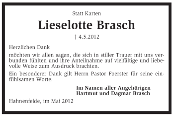 Traueranzeige von Lieselotte Brasch von KREISZEITUNG SYKE