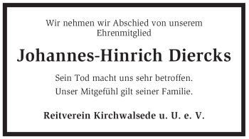 Traueranzeige von Johannes-Hinrich Diercks von KREISZEITUNG SYKE