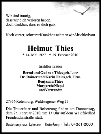 Traueranzeige von Helmut Thies von KREISZEITUNG SYKE