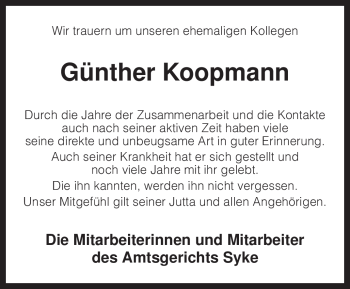 Traueranzeige von Günther Koopmann von KREISZEITUNG SYKE