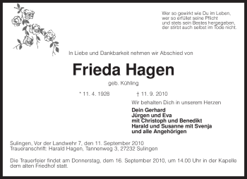 Traueranzeige von Frieda Hagen von KREISZEITUNG SYKE