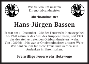 Traueranzeige von Hans-Jürgen Bassen von KREISZEITUNG SYKE