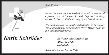 Traueranzeige von Karin Schröder von KREISZEITUNG SYKE