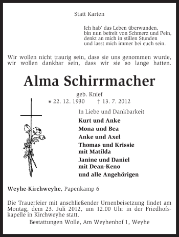 Traueranzeige von Alma Schirrmacher von KREISZEITUNG SYKE