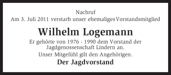 Traueranzeige von Wilhelm Logemann von KREISZEITUNG SYKE