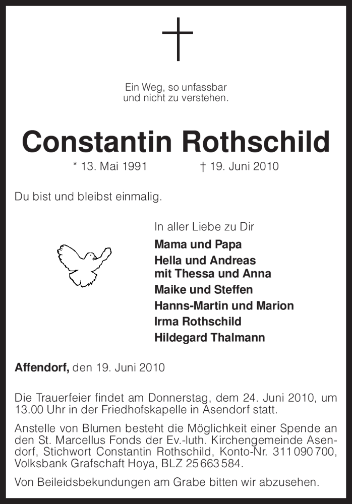  Traueranzeige für Constantin Rothschild vom 22.06.2010 aus KREISZEITUNG SYKE