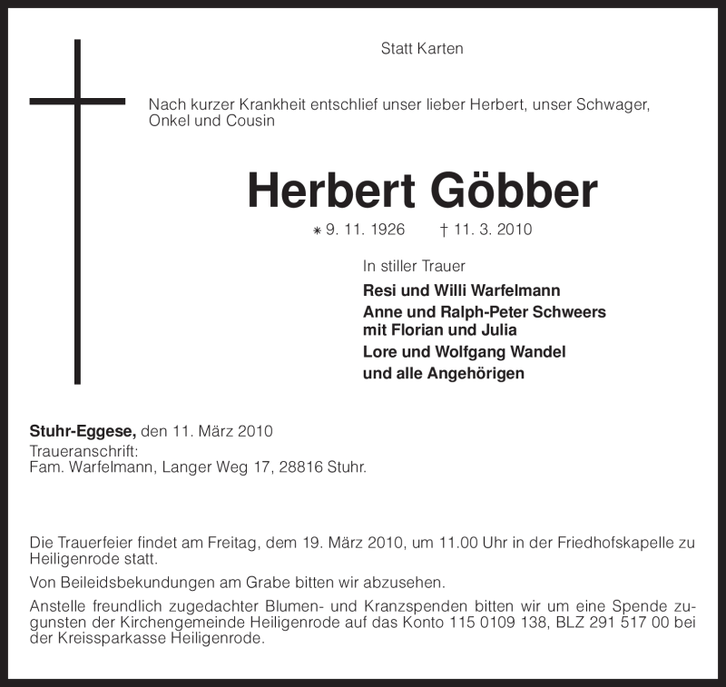  Traueranzeige für Herbert Göbber vom 15.03.2010 aus KREISZEITUNG SYKE