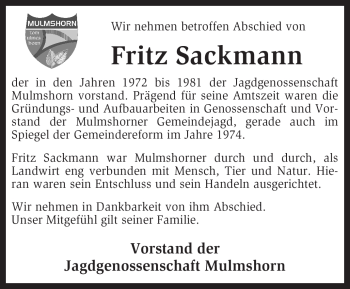 Traueranzeige von Fritz Sackmann von KREISZEITUNG SYKE