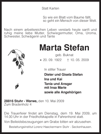 Traueranzeige von Marta Stefan von KREISZEITUNG SYKE