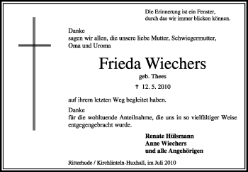 Traueranzeige von Frieda Wiechers von KREISZEITUNG SYKE