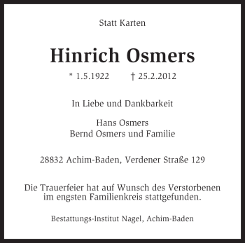 Traueranzeige von Hinrich Osmers von KREISZEITUNG SYKE