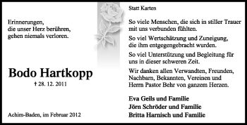 Traueranzeige von Bodo Hartkopp von KREISZEITUNG SYKE