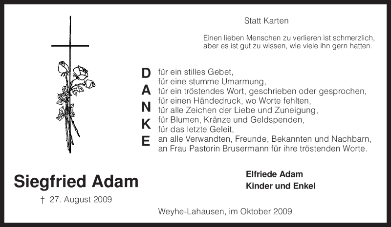  Traueranzeige für Siegfried Adam vom 10.10.2009 aus KREISZEITUNG SYKE