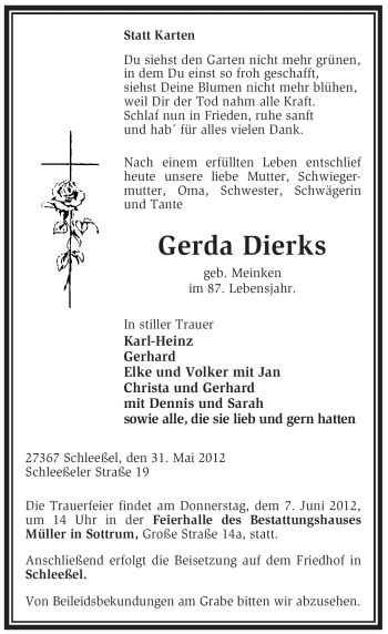 Traueranzeige von Gerda Dierks von KREISZEITUNG SYKE