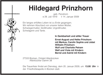 Traueranzeige von Hildegard Prinzhorn von KREISZEITUNG SYKE