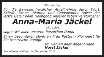 Traueranzeige von Anna-Maria Jäckel von KREISZEITUNG SYKE