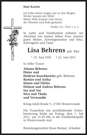 Traueranzeige von Lisa Behrens von KREISZEITUNG SYKE