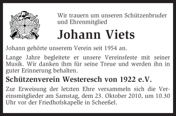 Traueranzeige von Johann Viets von KREISZEITUNG SYKE