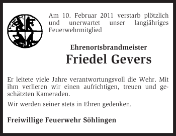 Traueranzeige von Friedel Gevers von KREISZEITUNG SYKE