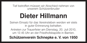 Traueranzeige von Dieter Hillmann von KREISZEITUNG SYKE