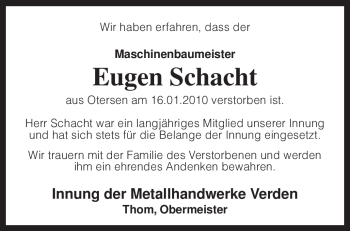 Traueranzeige von Eugen Schacht von KREISZEITUNG SYKE