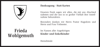 Traueranzeige von Frieda Wohlgemuth von KREISZEITUNG SYKE