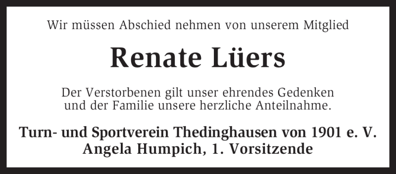  Traueranzeige für Renate Lüers vom 10.06.2011 aus KREISZEITUNG SYKE