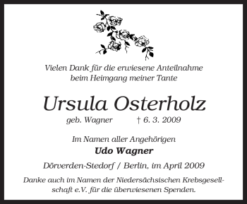 Traueranzeige von Ursula Osterholz von KREISZEITUNG SYKE