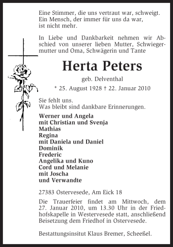 Traueranzeige von Herta Peters von KREISZEITUNG SYKE