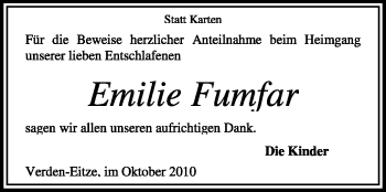 Traueranzeige von Emilie Fumfar von KREISZEITUNG SYKE