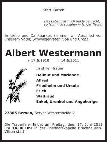 Traueranzeige von Albert Westermann von KREISZEITUNG SYKE