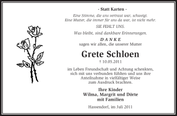 Traueranzeige von Grete Schloen von KREISZEITUNG SYKE