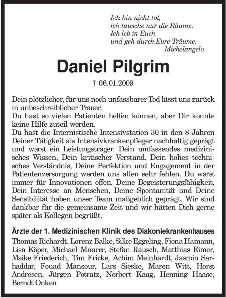  Traueranzeige für Daniel Pilgrim vom 13.01.2009 aus KREISZEITUNG SYKE