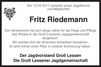 Traueranzeige von Fritz Riedemann von KREISZEITUNG SYKE