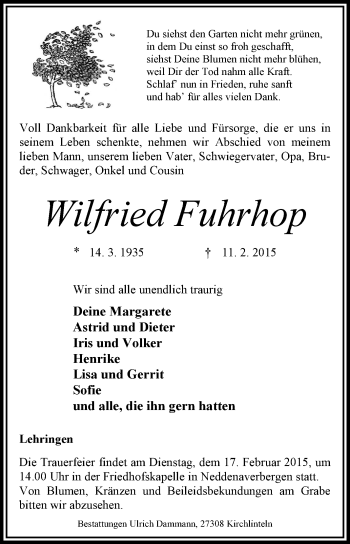 Traueranzeige von Wilfried Fuhrhop von KRZ